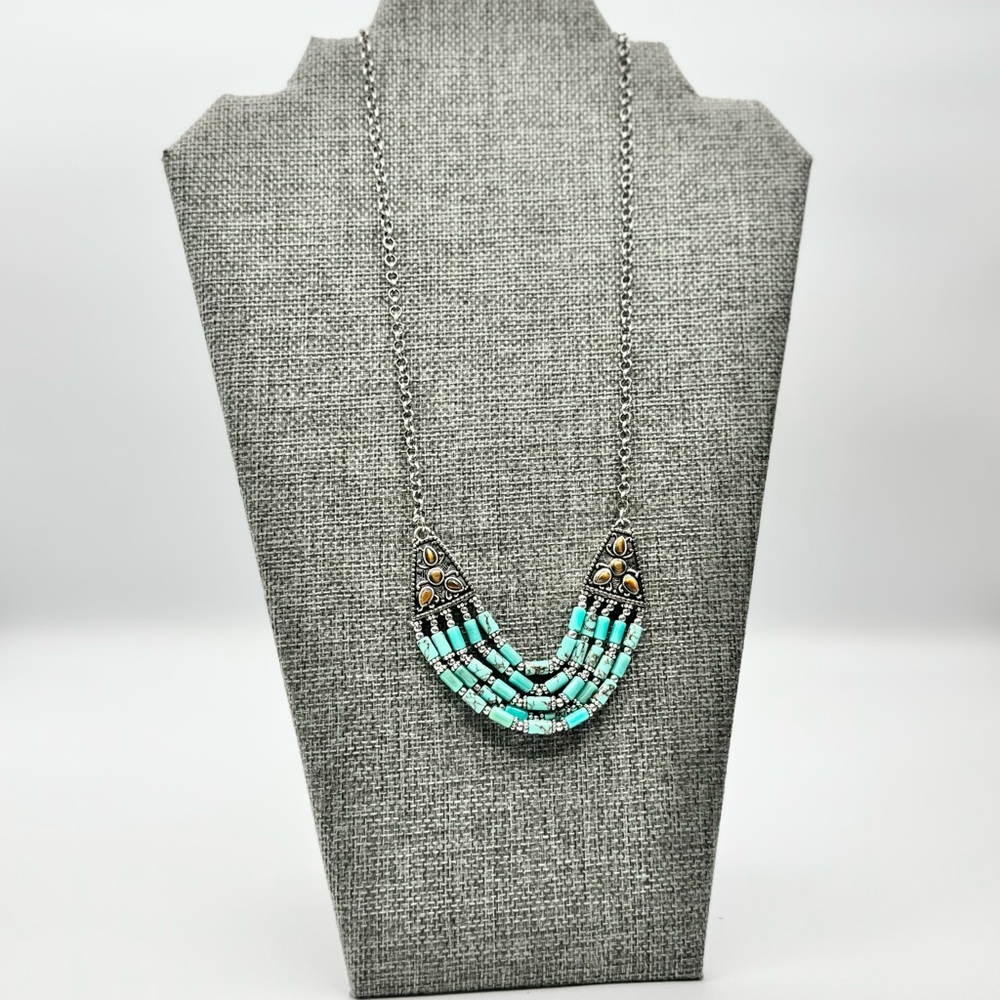 Vintage Turquoise Silver Adjustable Necklace Gemstone Embossed - Picture 3 of 12